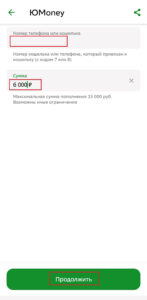 В поле Номер телефона или кошелька вводим номер кошелька.